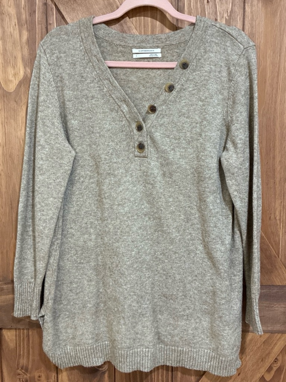 Anthropologie Taupe Henley V-Neck Sweater with Button Detail